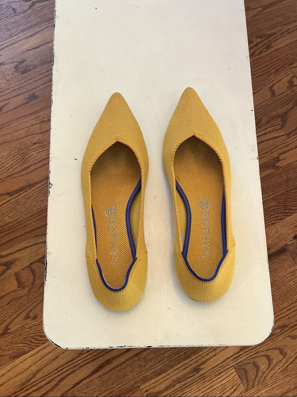 Rothy's Pointed Knit Flats in Mustard Yellow with Blue Trim